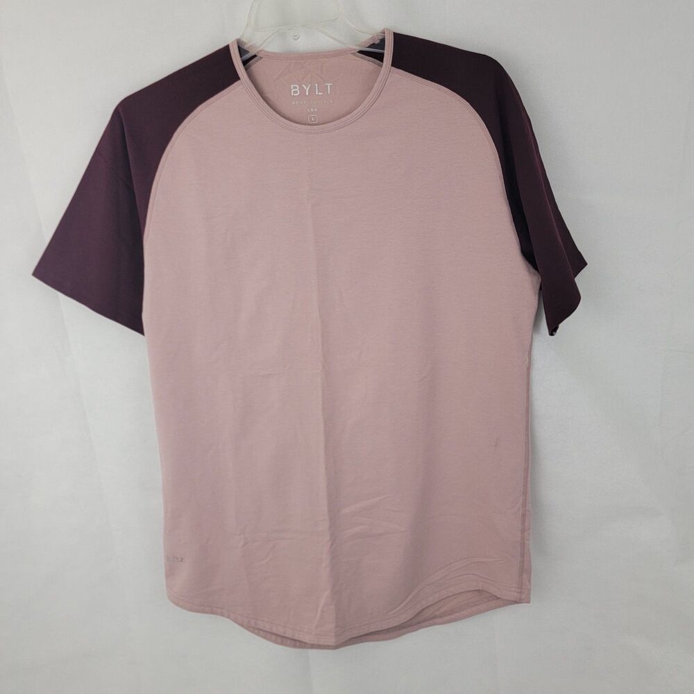 BYLT Mens Shirt Sz L Drop Cut S/S Lux Performance Stretch MAROON Gym Athleisure